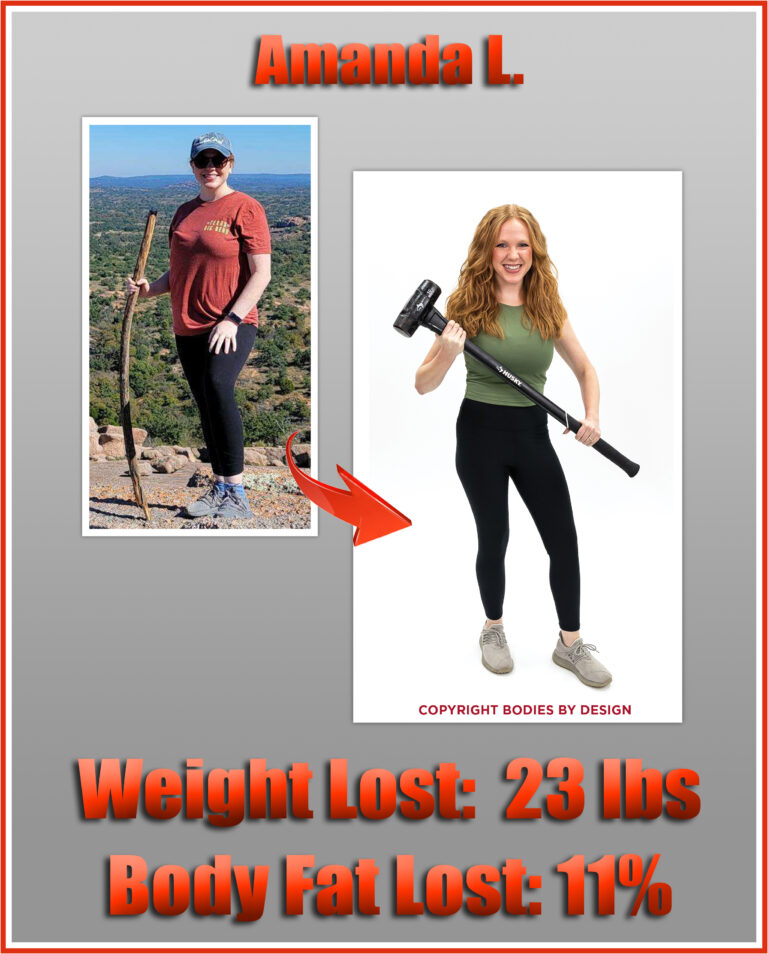 Pflugerville gym client, Amanda, posing with a big black hammer.