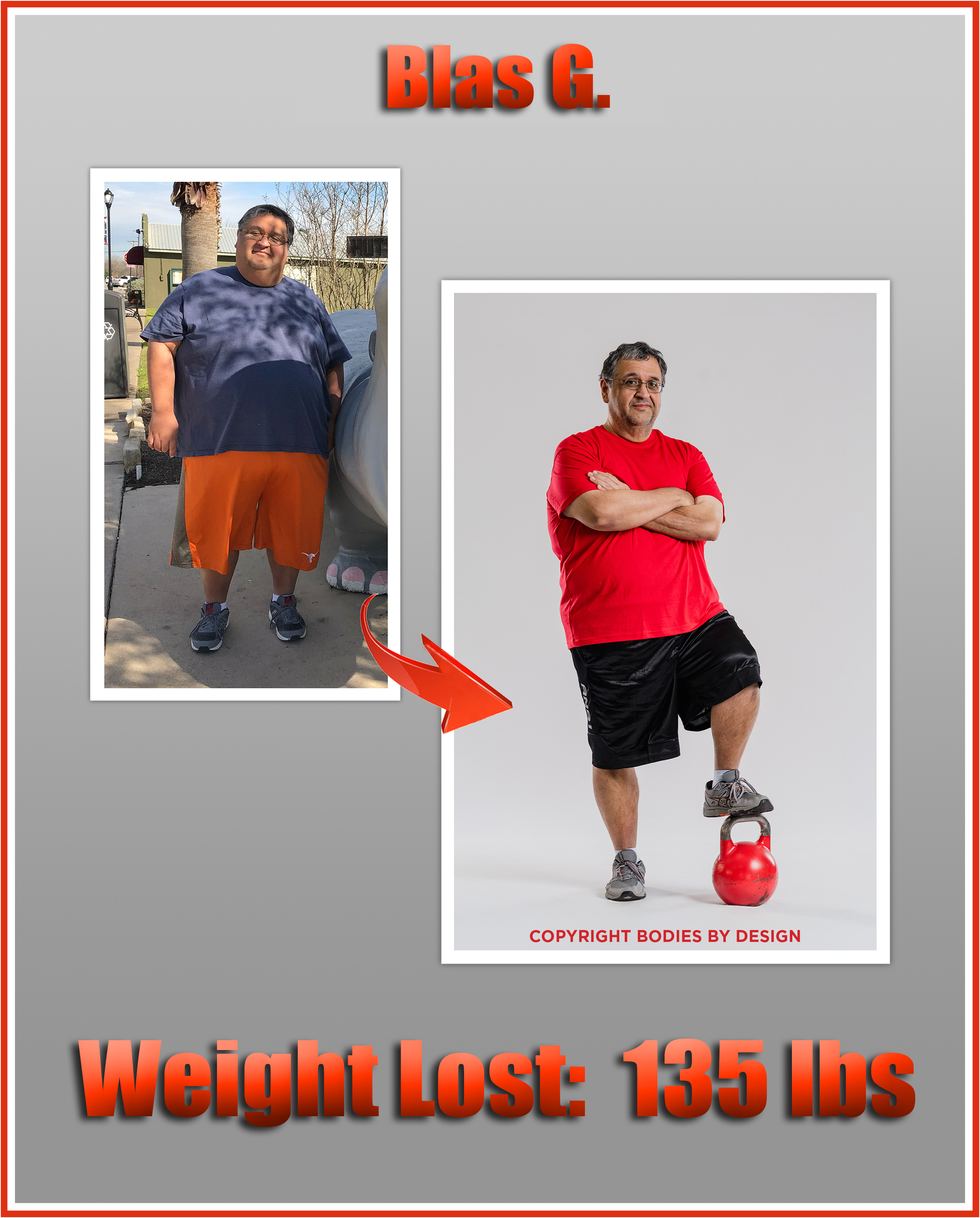 Pflugerville gym client, Blas, posing with arms crossed and foot on red kettlebell