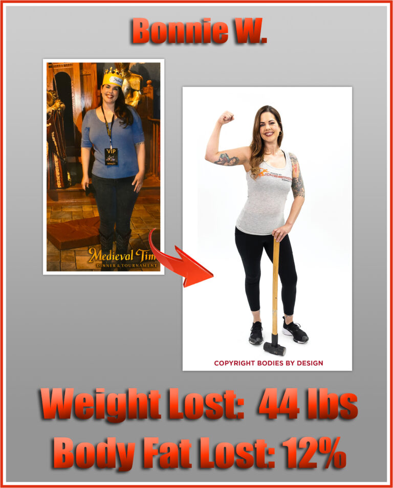 Bonnie with a strong pose, leaning on a hammer at the Pflugerville gym called Bodies By Design.