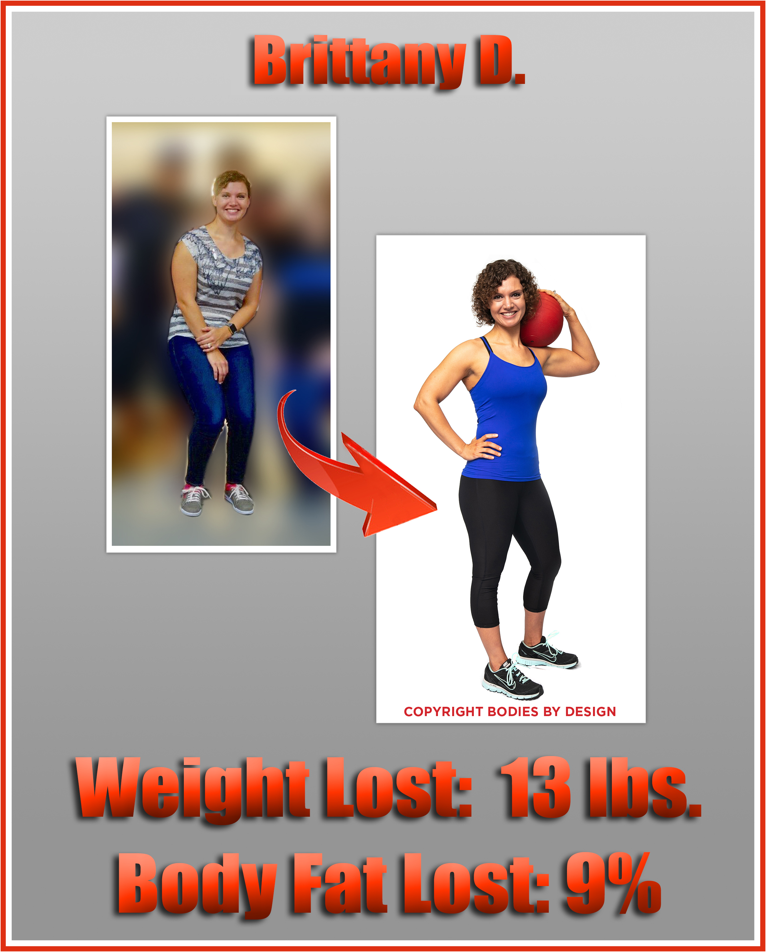 Pflugerville gym client, Brittany D, posing in a blue tank top and holding a red ball.