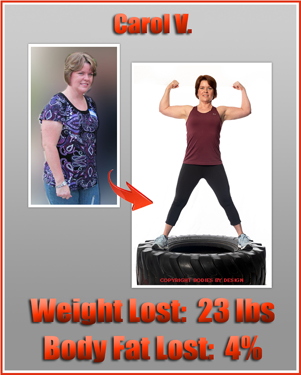 Carol, long time Pflugerville personal training client, standing on a big tire and doing a powerful double bicep pose.