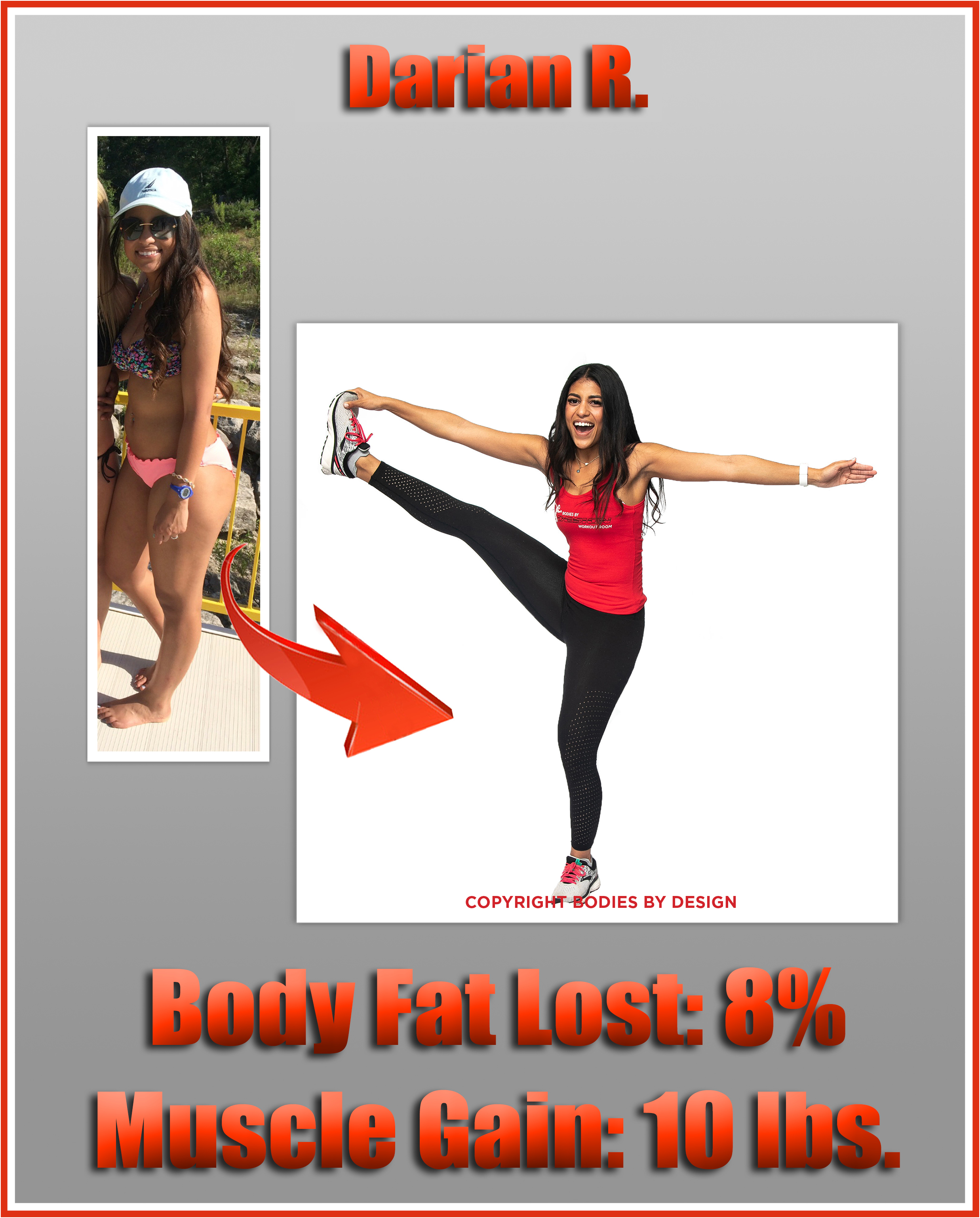 Pflugerville gym client, Darian, with a cheerleading pose for the Bodies By Design photo shoot.