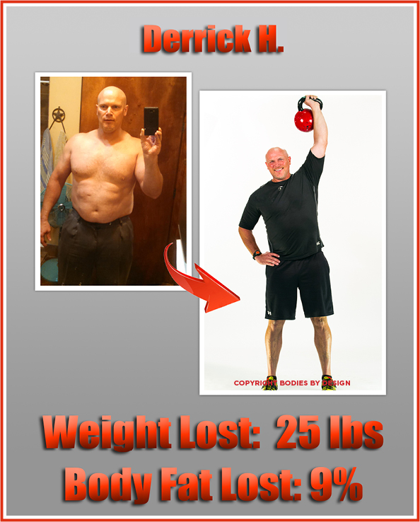 Derrick, a Pflugerville fitness client, posing with a red kettlebell overhead.