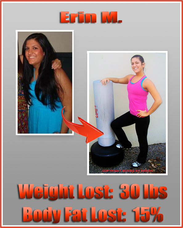 Pflugerville gym client, Erin, standing confident in her pink tank top with one hand on her hip and leaning on a punching bag.