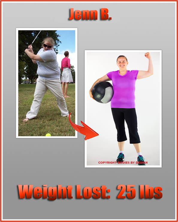 Jenn, long time Pflugerville personal training client, flexing her left bicep and holding a weighted ball under her left arm.