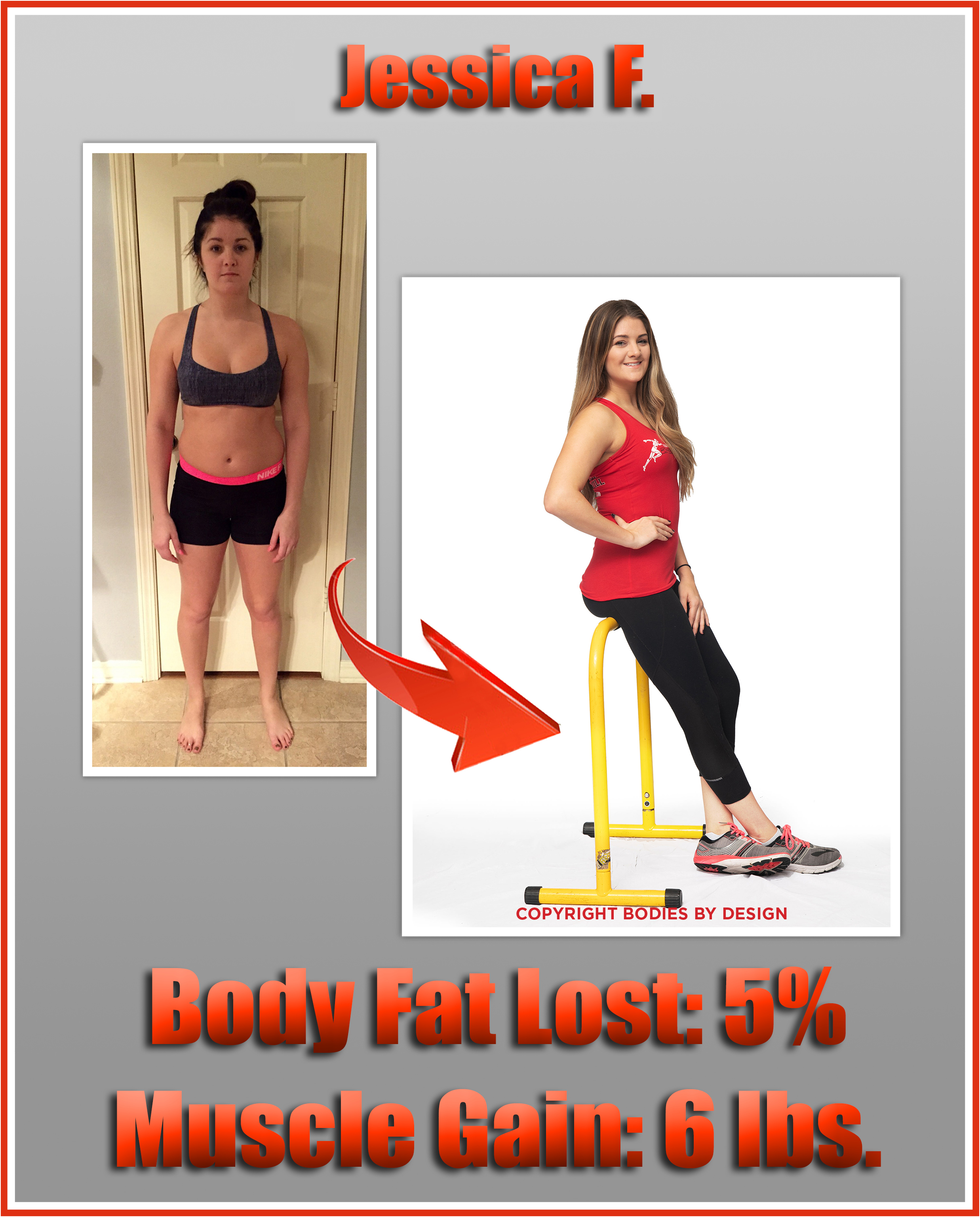 Jessica, Pflugerville gym client, posing on a yellow Lebert Equalizer with her red Bodies By Design tank top on.