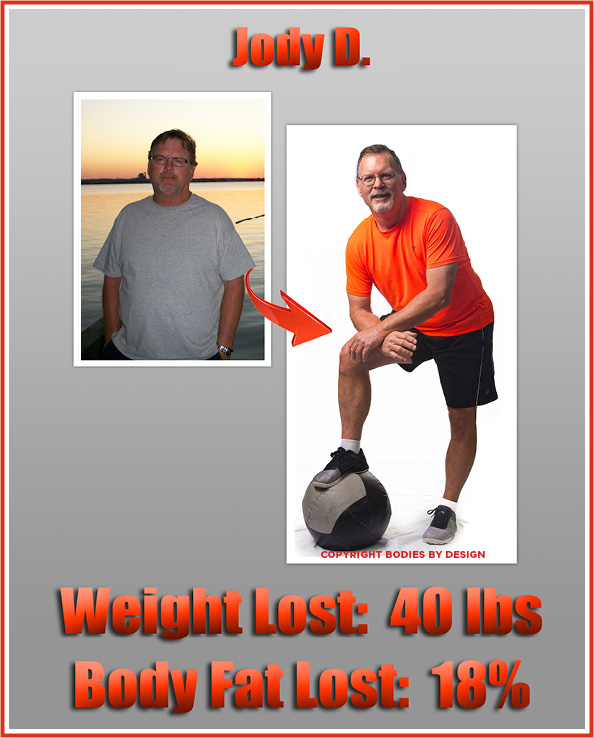 Pflugerville fitness client,, Jody, standing in an orange shirt with his right foot on a weighted ball.