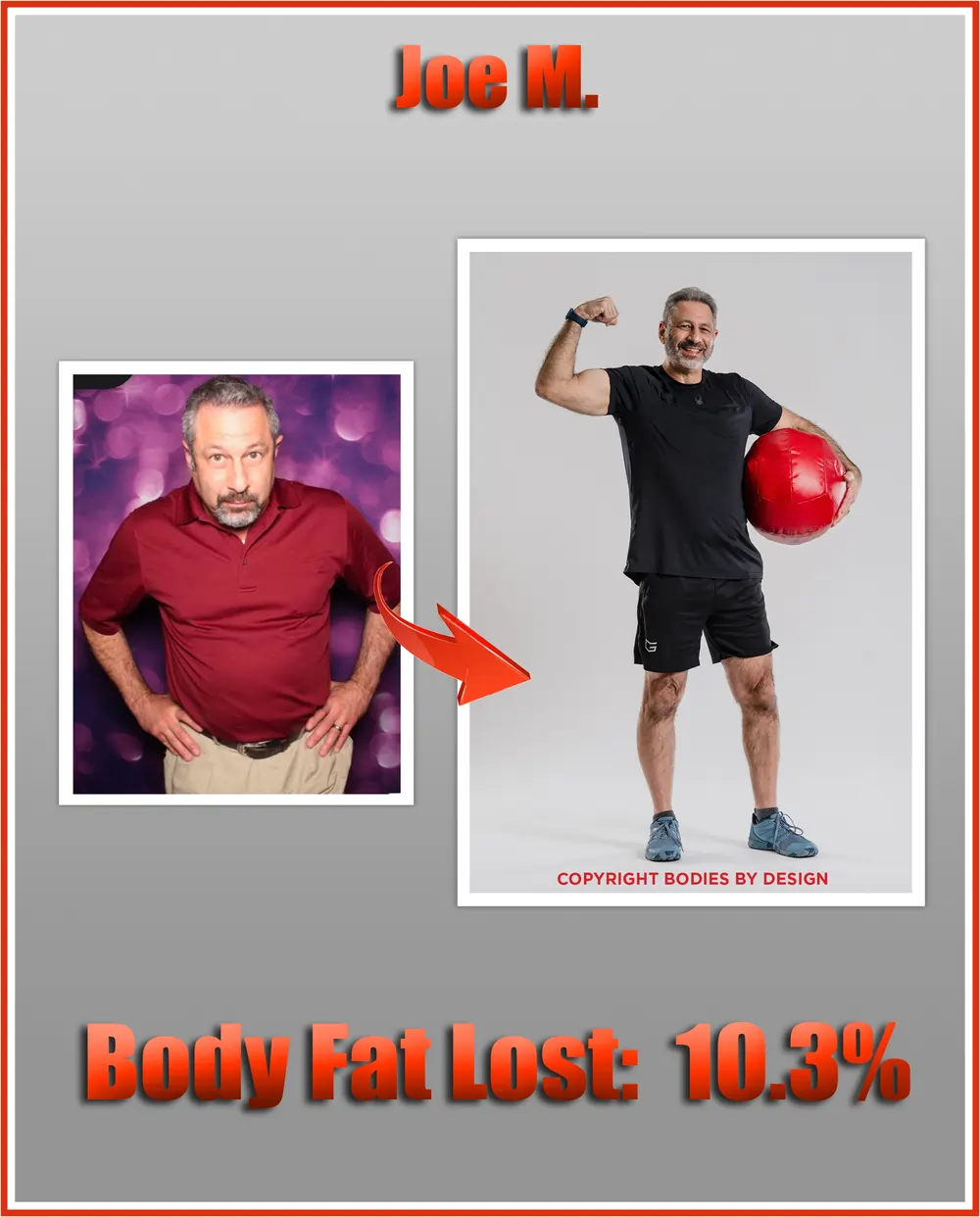 Joe, client at Pflugerville gym called Bodies By Design flexing right arm in photoshoot picture.