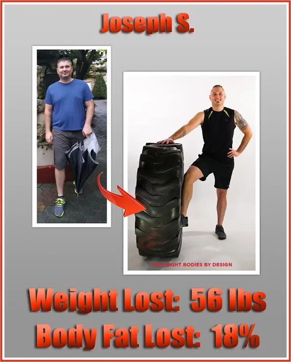 Joseph, Pflugerville fitness client, wearing all block and standing strong with right foot on a big tire.