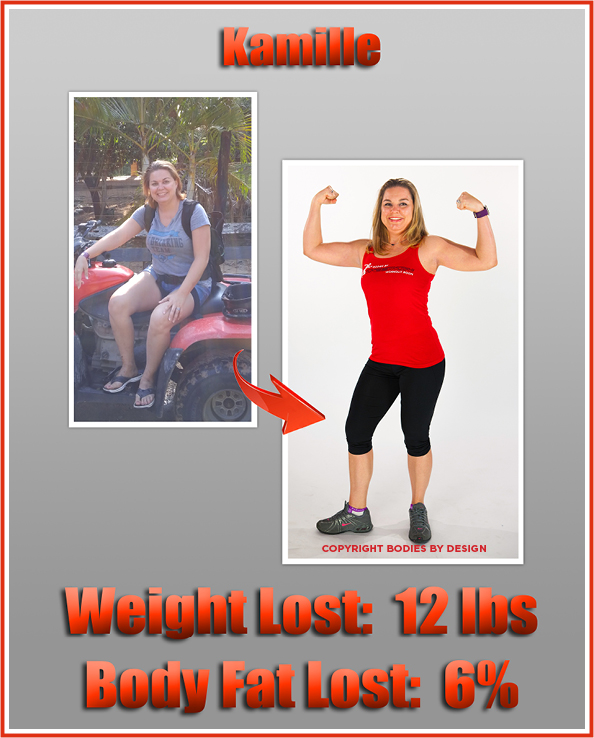 Kamille with a strong double bicep pose, and wearing a red tank top at the Pflugerville gym called Bodies By Design.