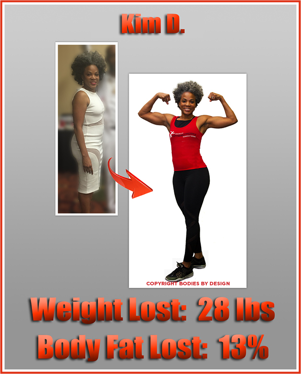 Kim, a Pflugerville fitness client, posing with a double bicep in a red Bodies By Design tank top.