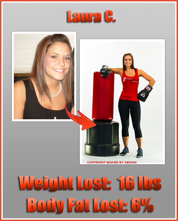 Pflugerville personal training client, Laura, posing with boxing gloves on and leaning on a punching bag.