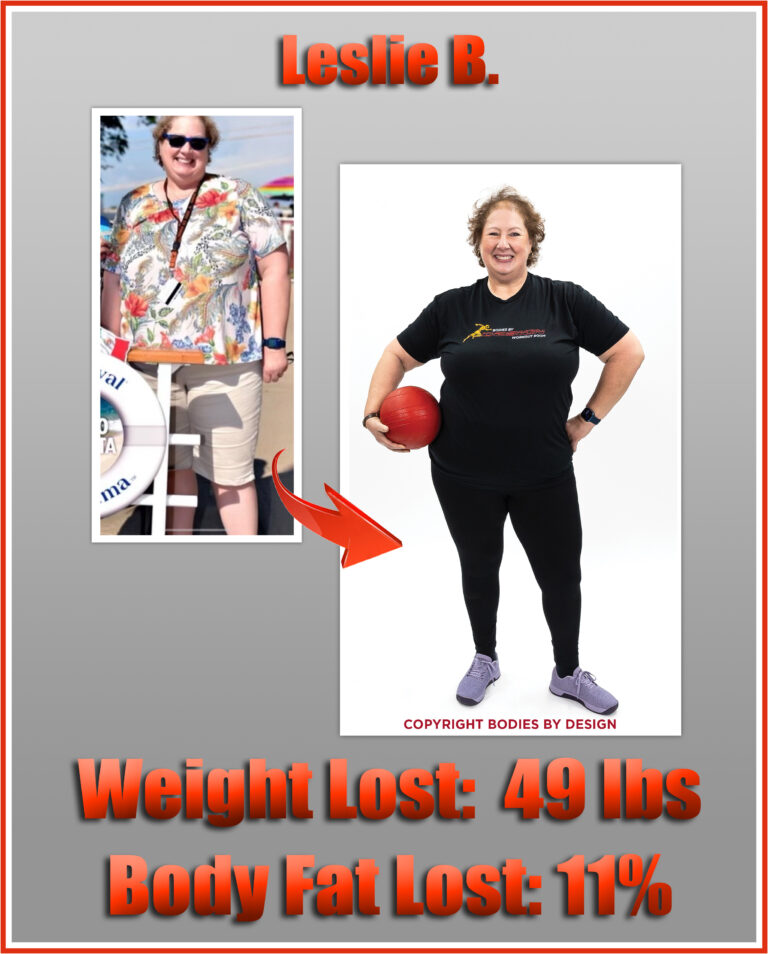 Pflugerville gym client, Leslie, standing in a strong pose and holding a red weighted ball.