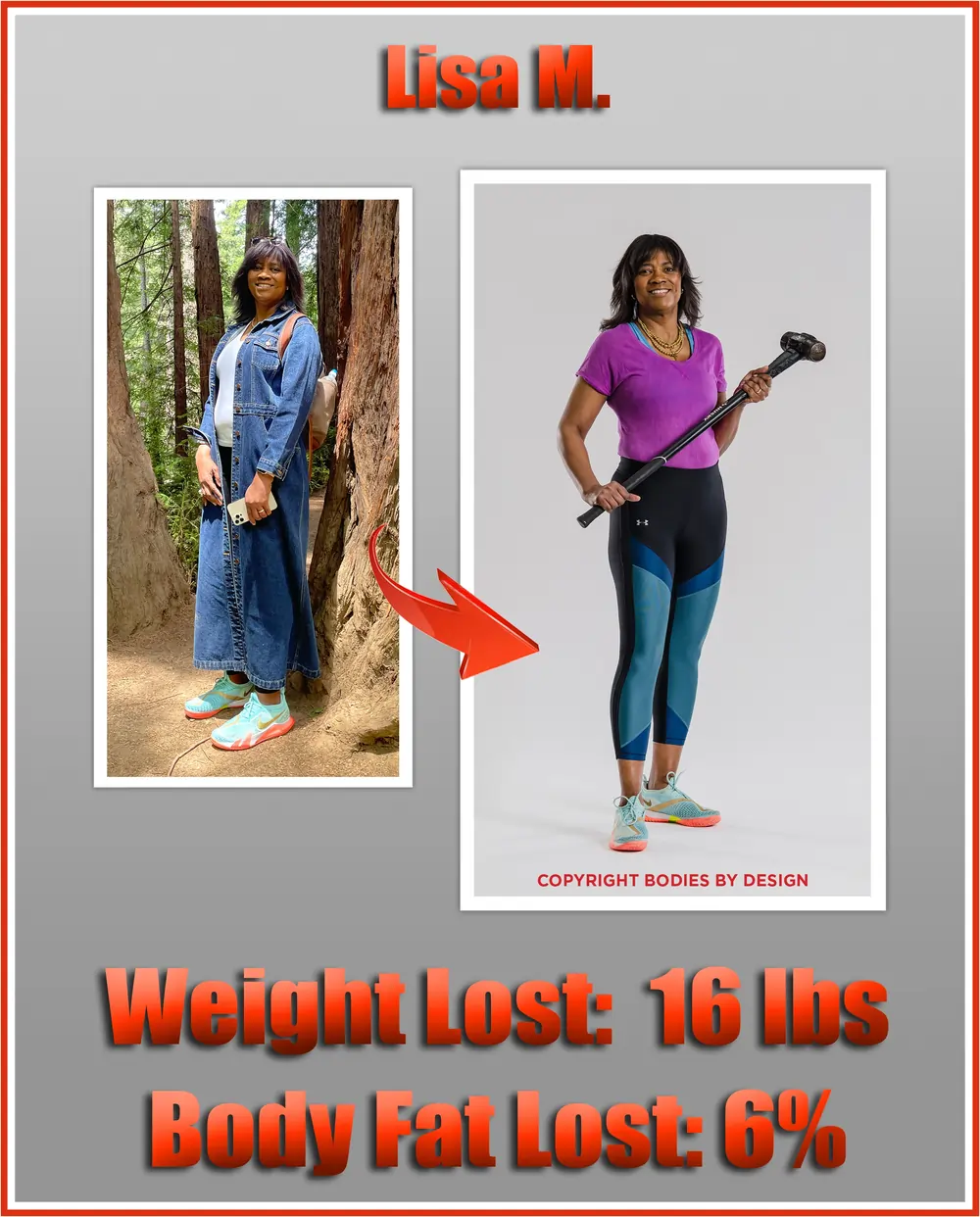 Lisa, Pflugerville gym client posing in a purple shirt and holding a big sledge hammer.