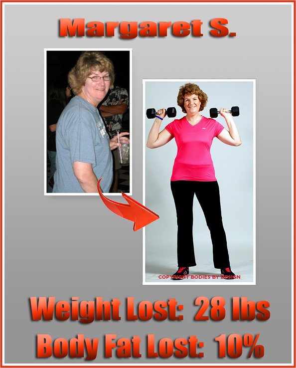 Margaret, a Pflugerville fitness client, posing in her pink shirt with a dumbell in each hand.