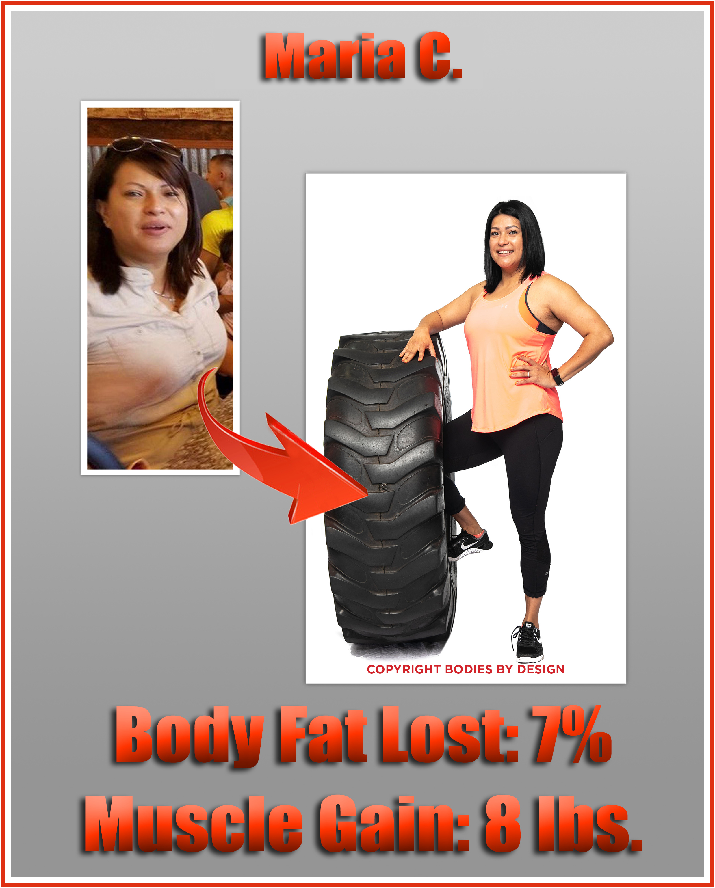 Pflugerville gym client, Maria, posing with tire for the Bodies By Design photo shoot.