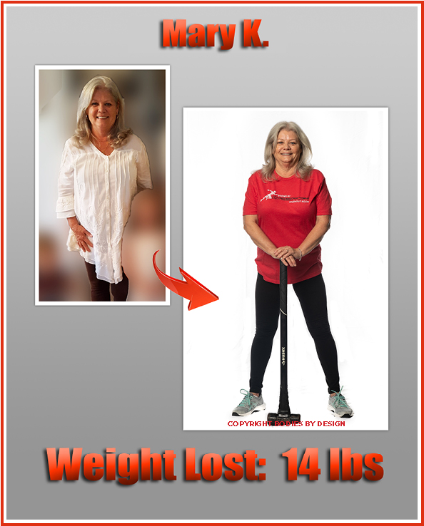 Mary, Pflugerville gym client, posing in a red Bodies By Design shirt with her hands on a sledge hammer.