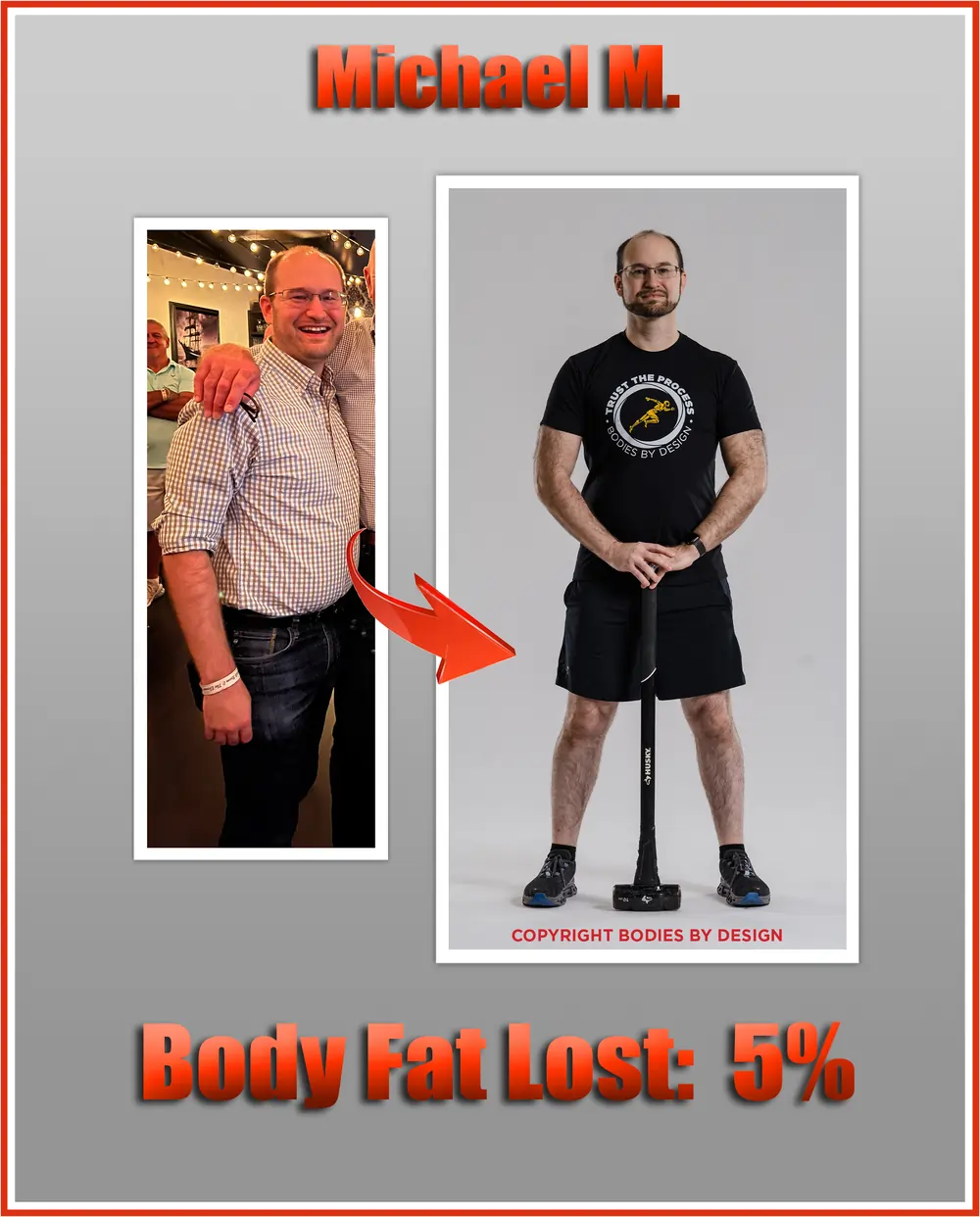 Pflugerville gym client, Michael, standing confident in his black Bodies By Design shirt, leaning on sledge hammer.