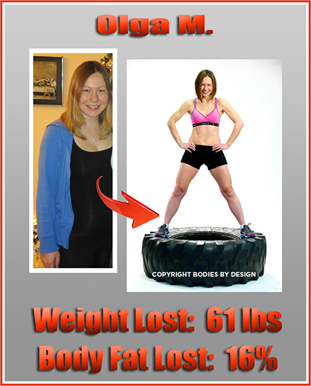 Pflugerville gym client, Olga, smiling and standing confidently on a big tire with hands on hips.