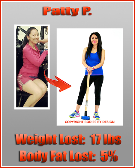 Pflugerville gym client, Patty, posing in a bright blue tank top and leaning on a sledge hammer.