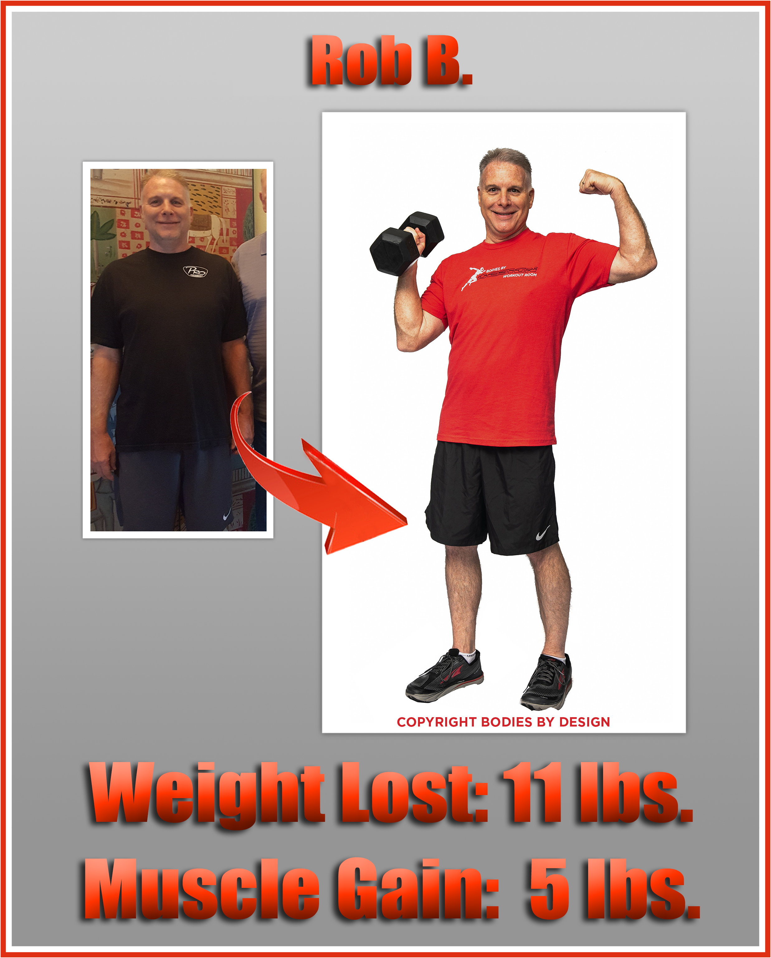 Pflugerville personal training client, Rob, flexing his left bicep and holding a dumbbell in his right hand.
