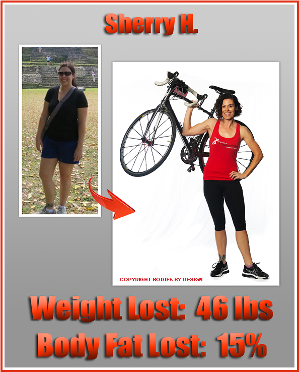 Pflugerville personal training client, Sherry, posing with her bike in a Bodies By Design red tank top.