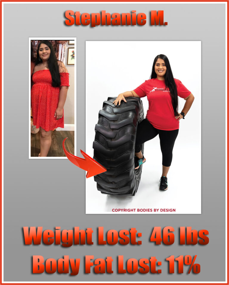 Pflugerville personal training client, Stephanie, posing with a red Bodies By Design shirt on.