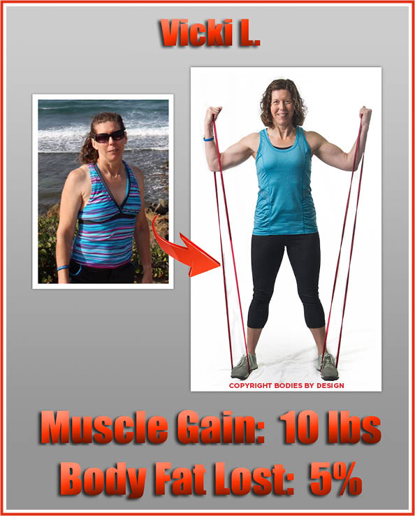 Pflugerville gym client, Vicki, posing withred fitness bands and a light blue tank top.