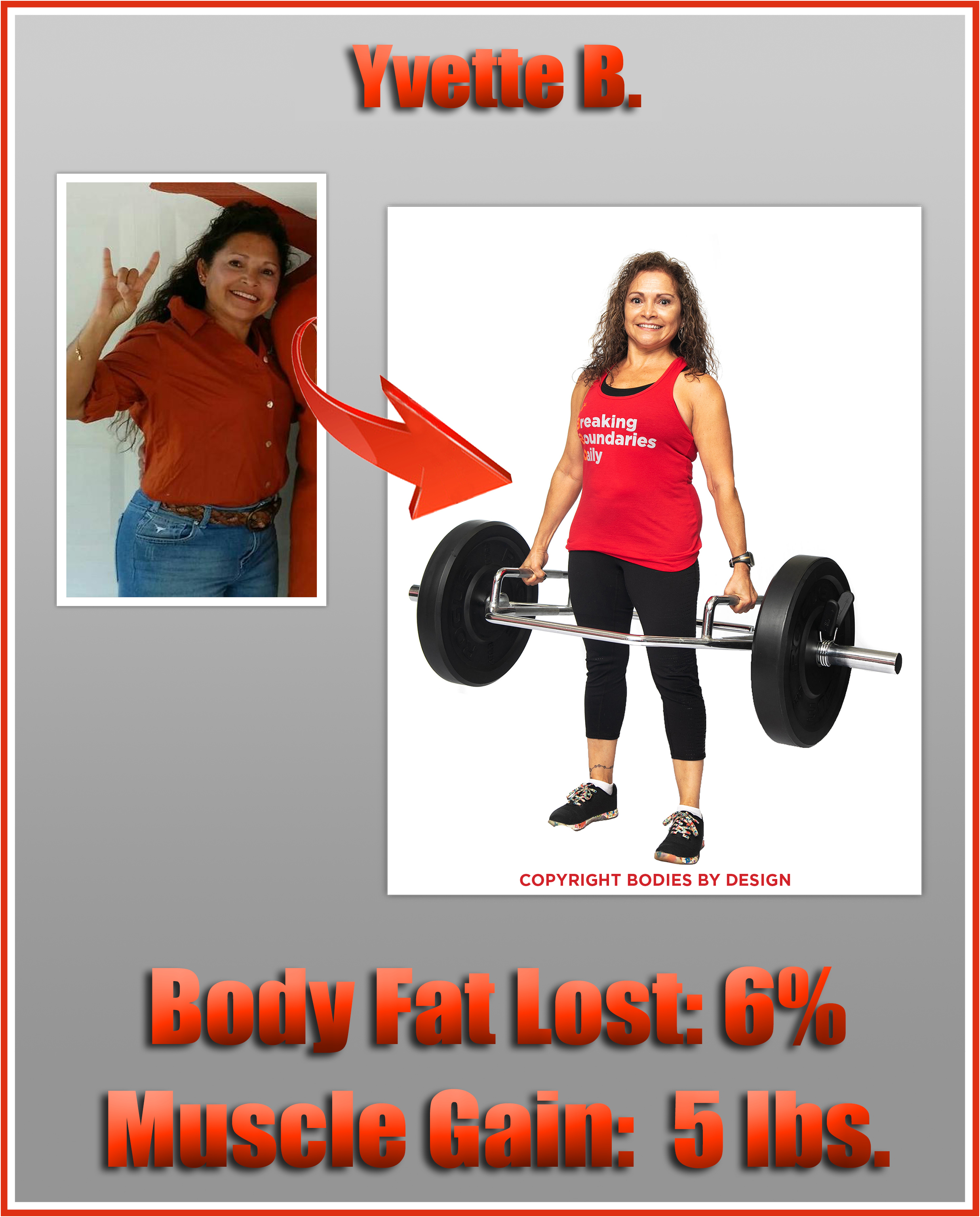 Pflugerville gym client, Yvette, posing powerfully with a trap bar in a red Bodies By Design tank top.