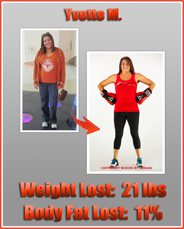 Pflugerville personal training client Yvette M., posing powerfull with reb boxing gloves on.